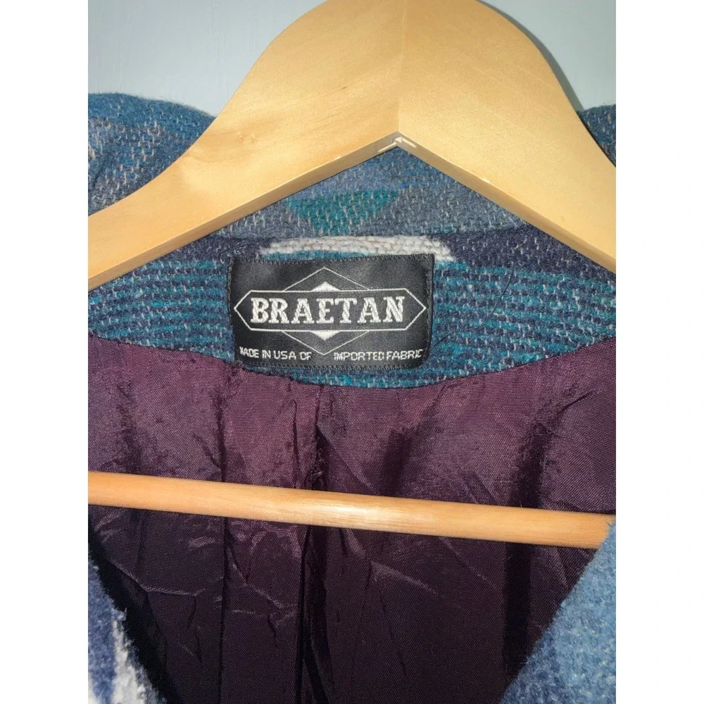 Vintage Braetan Southwestern Blanket Jacket Made USA Aztec Teal Blue WesternCoat